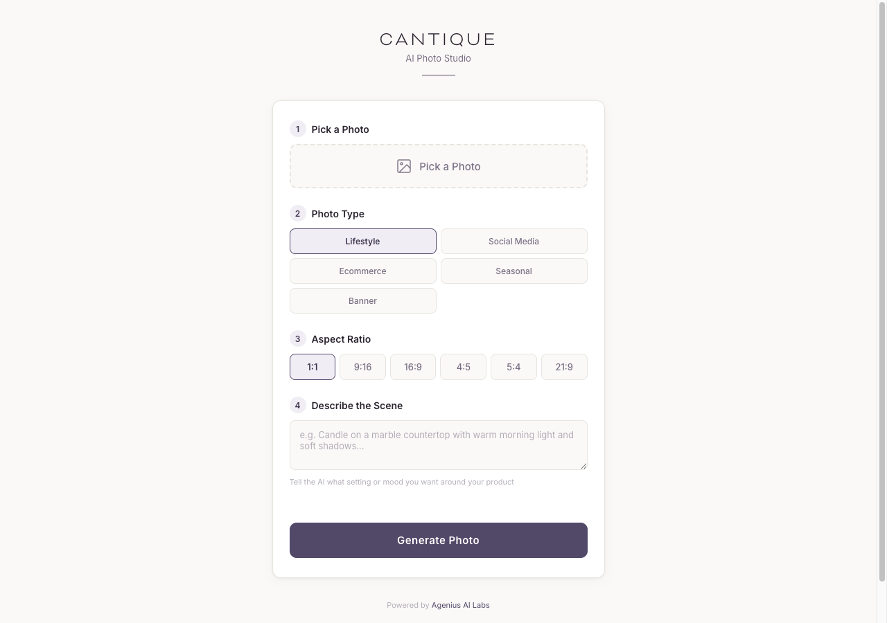 Cantique AI Photo Studio generation interface